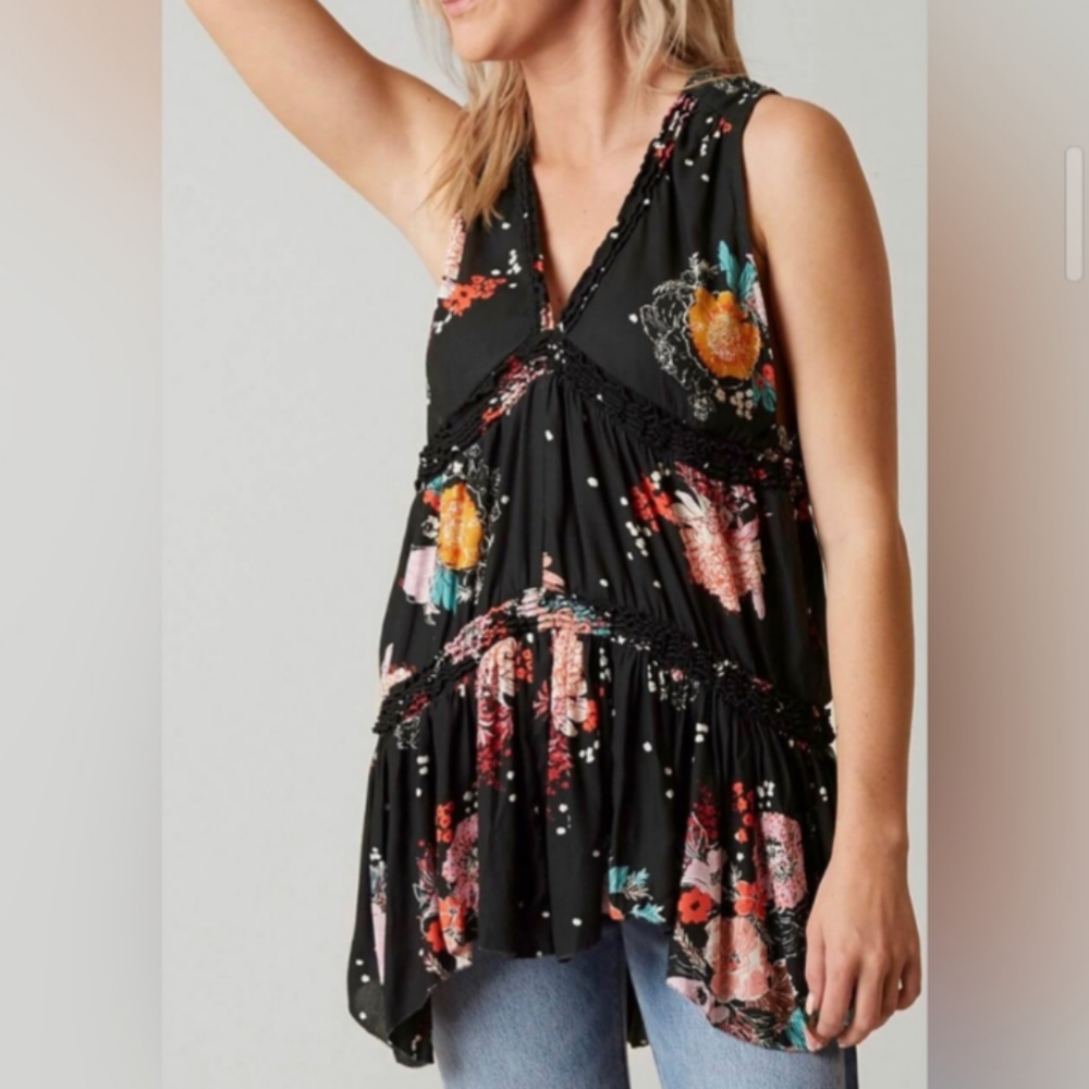 Free People High Low Haze Black Floral Sleeveless Tunic Top Tank Shirt XS Small - Picture 2 of 8